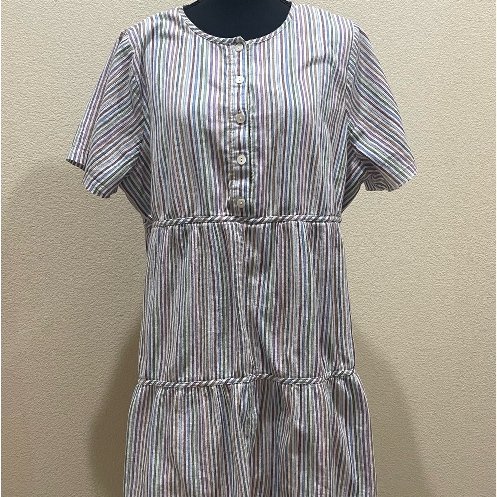 Madewell Pastel Striped Crewneck Button-Front Tiered Mini Dress 2X Lined